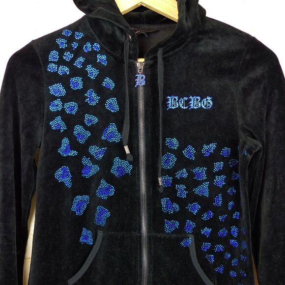 Vtg BCBGMAXAZRIA Y2K Velour Hoodie Track Jacket S Black Rhinestone Animal Spots - Picture 7 of 14